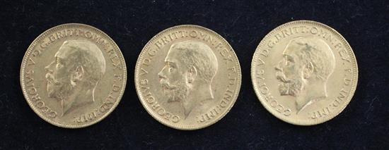 Three George V gold sovereigns,